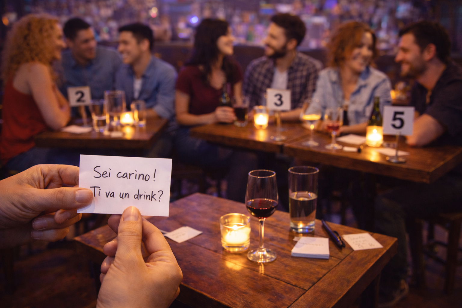 Partecipanti a una serata messaggistica si scambiano bigliettini tra tavoli numerati in un locale con atmosfera calda e romantica.