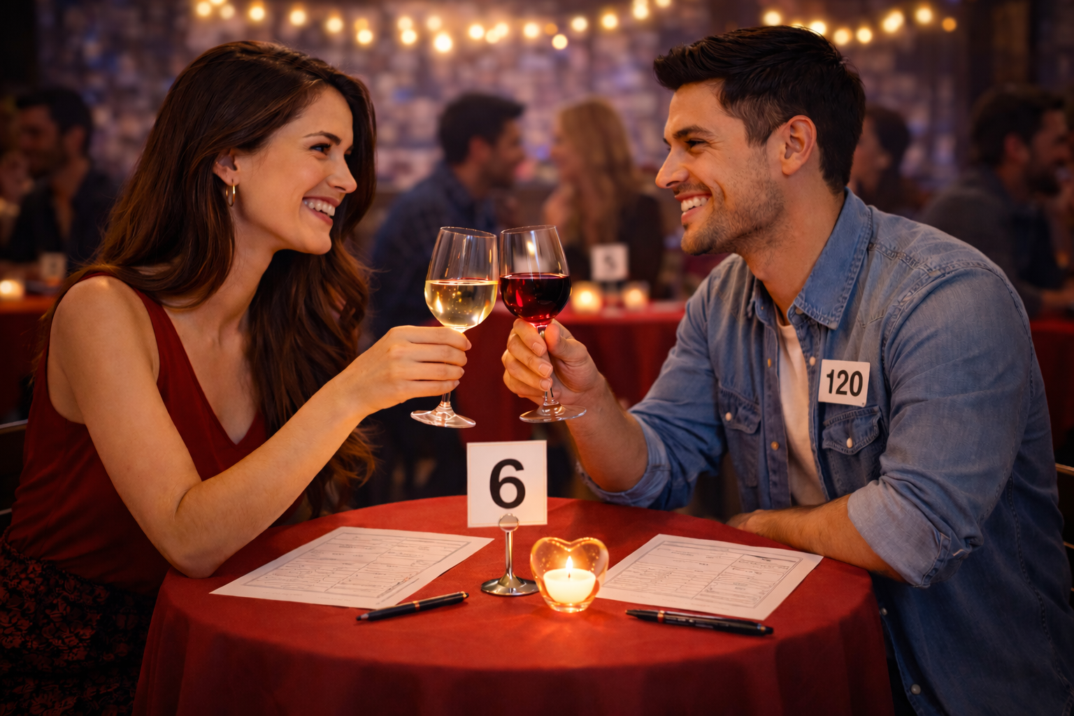 Uomo e donna brindano durante una serata Speed Date in una location romantica con luci soffuse e tavoli numerati per incontri tra single.